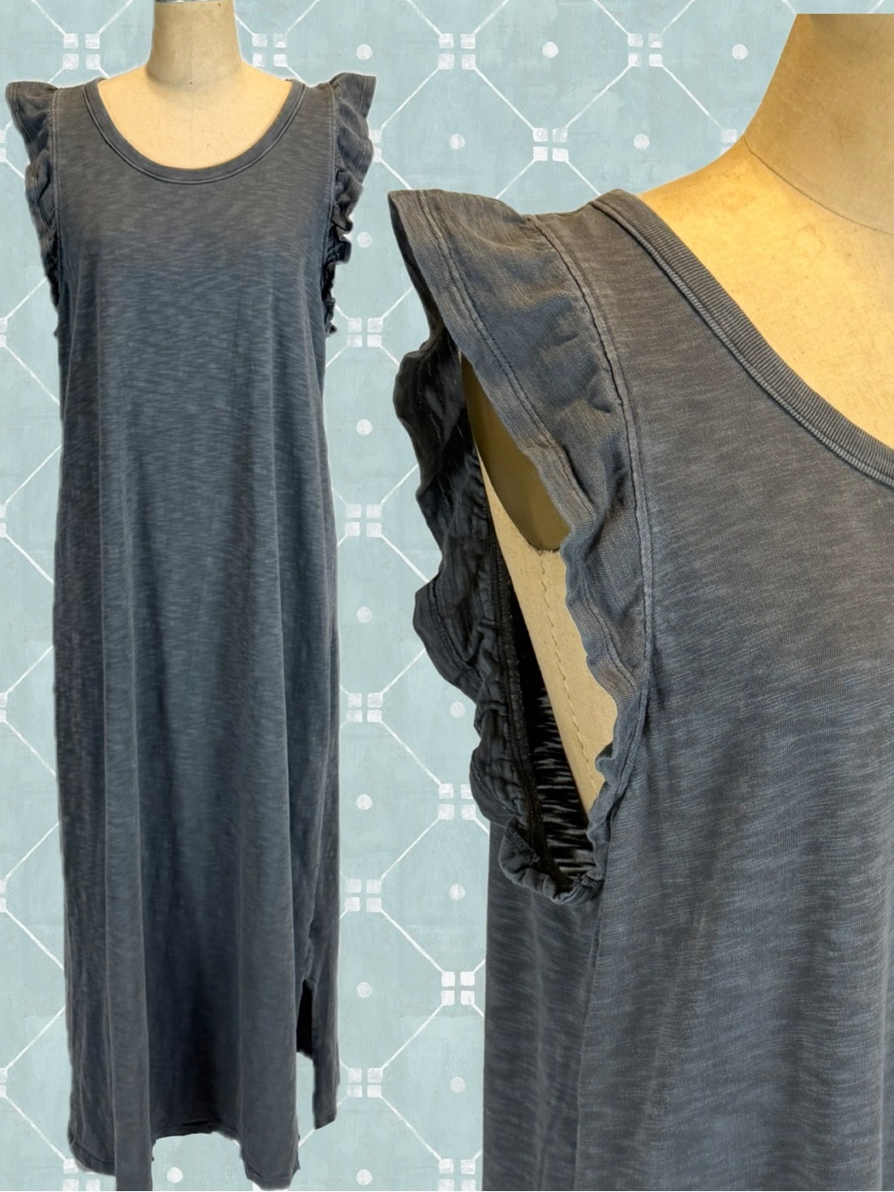 Ruffle sleeve 100% cotton long maxi dress sleeveless charcoal Heather gray XL